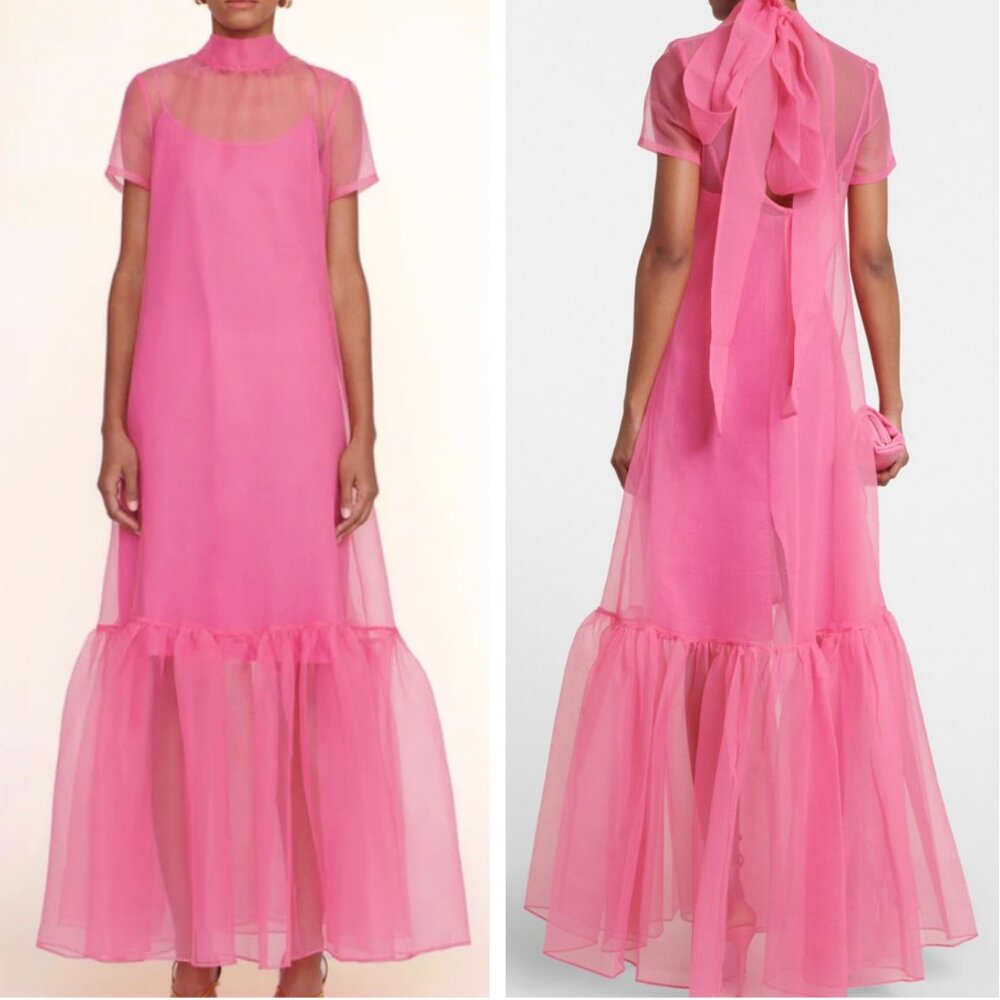 *Cover Only* STAUD Calluna Tiered Tulle Gown Maxi Dress Pink Sheer Bow - Picture 4 of 13